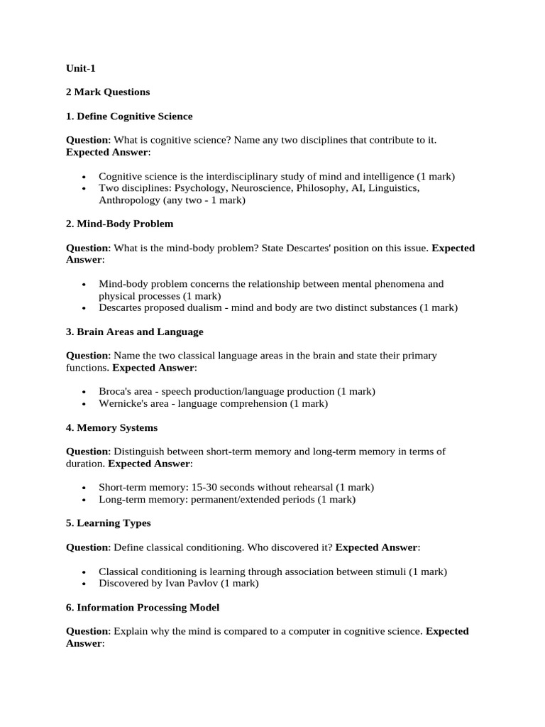 CS Unit 1 Question Bank | PDF | Mind | Cognitive Science