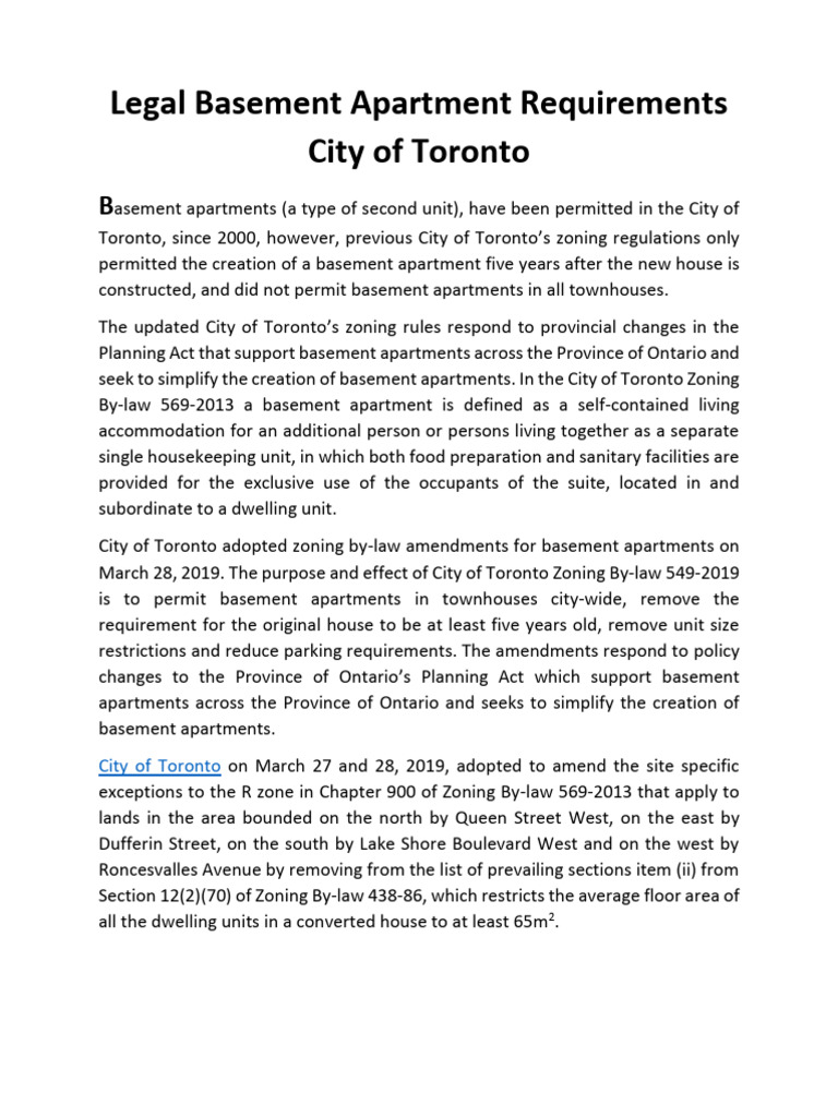 Legal Basement Apartment Guidelines Toronto | PDF | Room | Basement