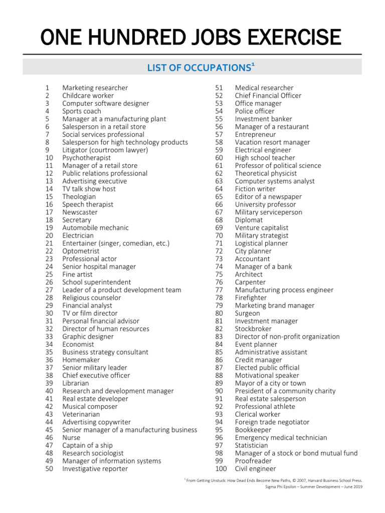 One Hundred Jobs Exercise Guide | PDF | Business