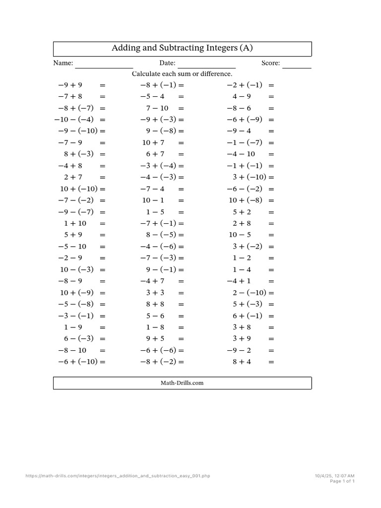 Integer Addition and Subtraction Practice | PDF | Arithmetic | Number ...