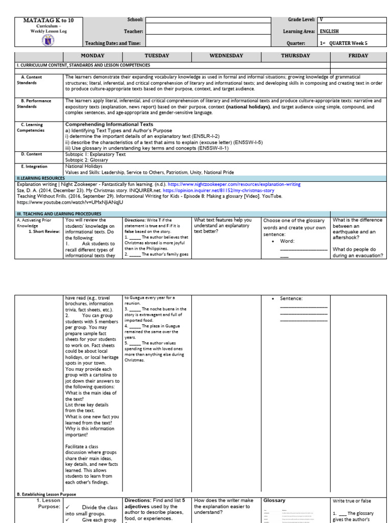 Grade 5 English Weekly Lesson Plan | PDF | Reading Comprehension | Volcano