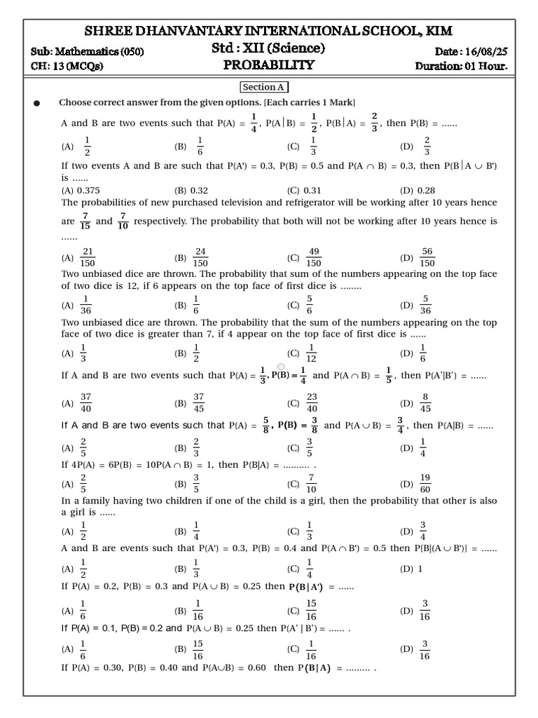 Probability MCQs for Class XII Science | PDF | Mathematics