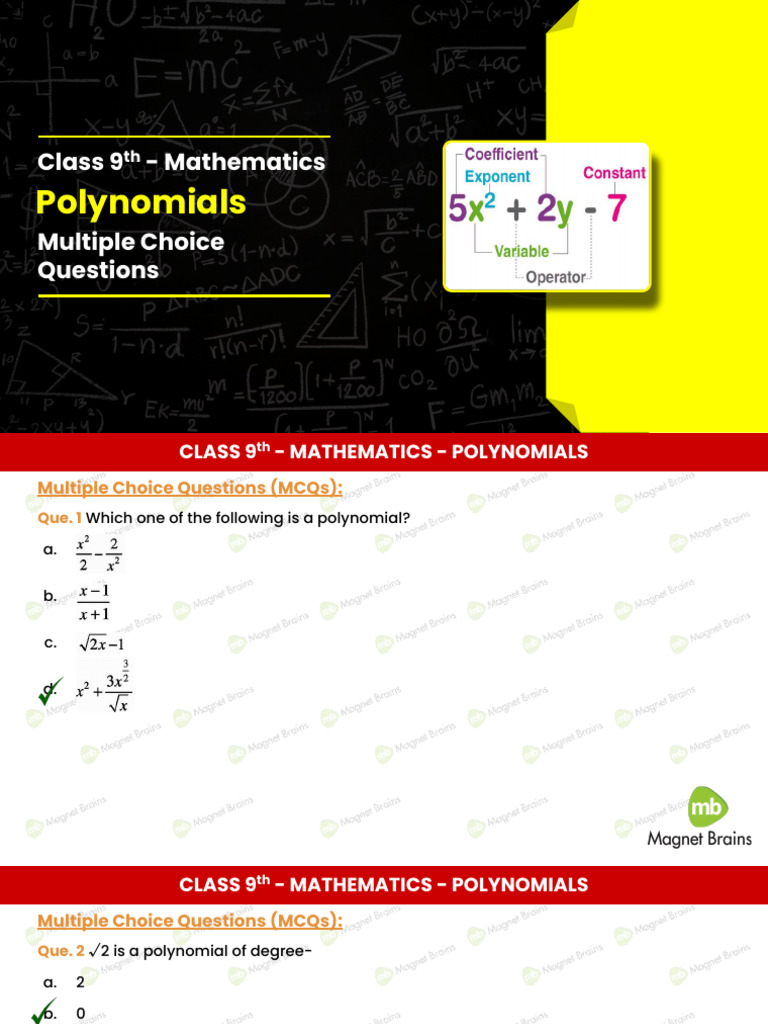 Class 9 Polynomials MCQs with Answers | PDF | Polynomial | Multiple Choice