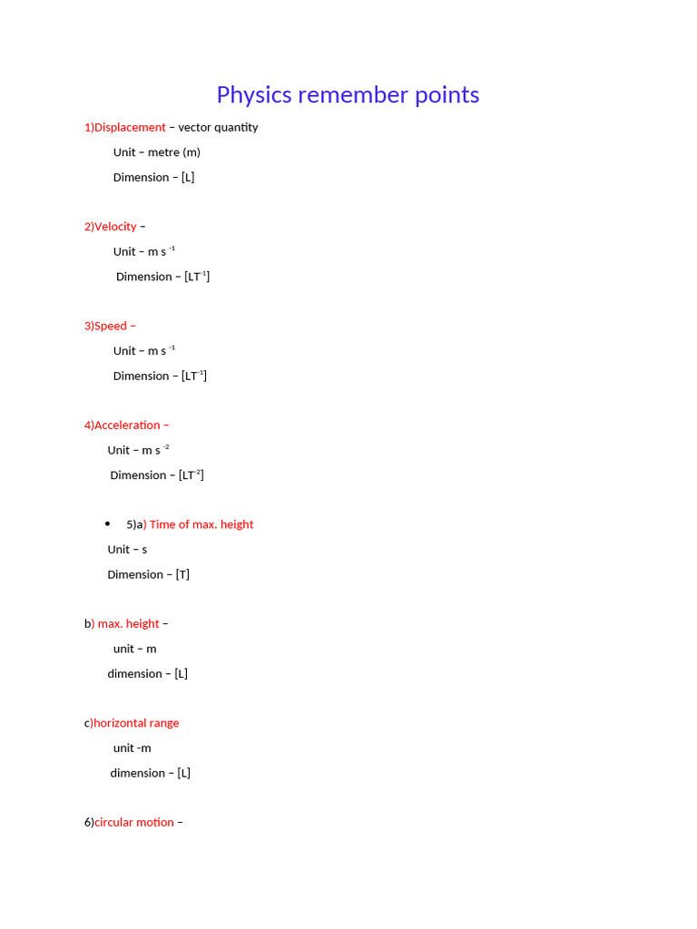 Essential Physics Units and Dimensions | PDF | Acceleration | Velocity