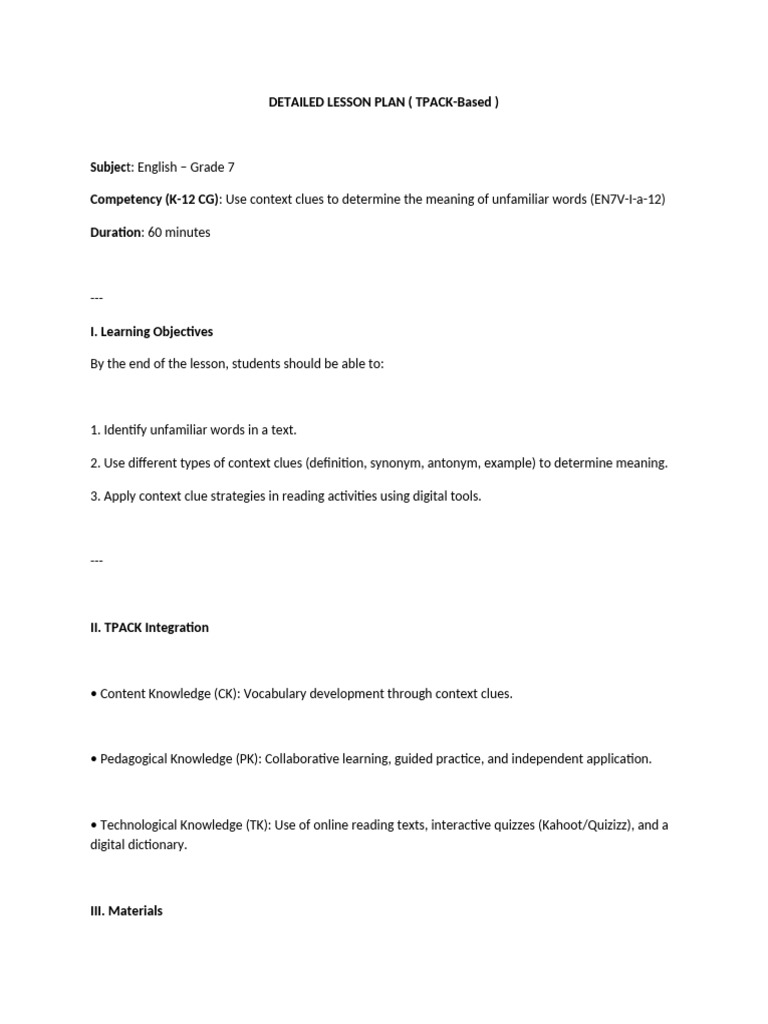 Context Clues Lesson Plan for Grade 7 | PDF