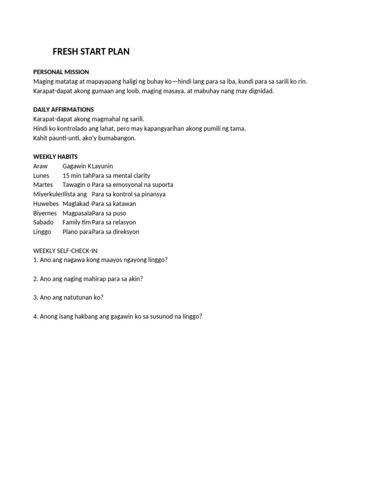Fresh Start Worksheet | PDF
