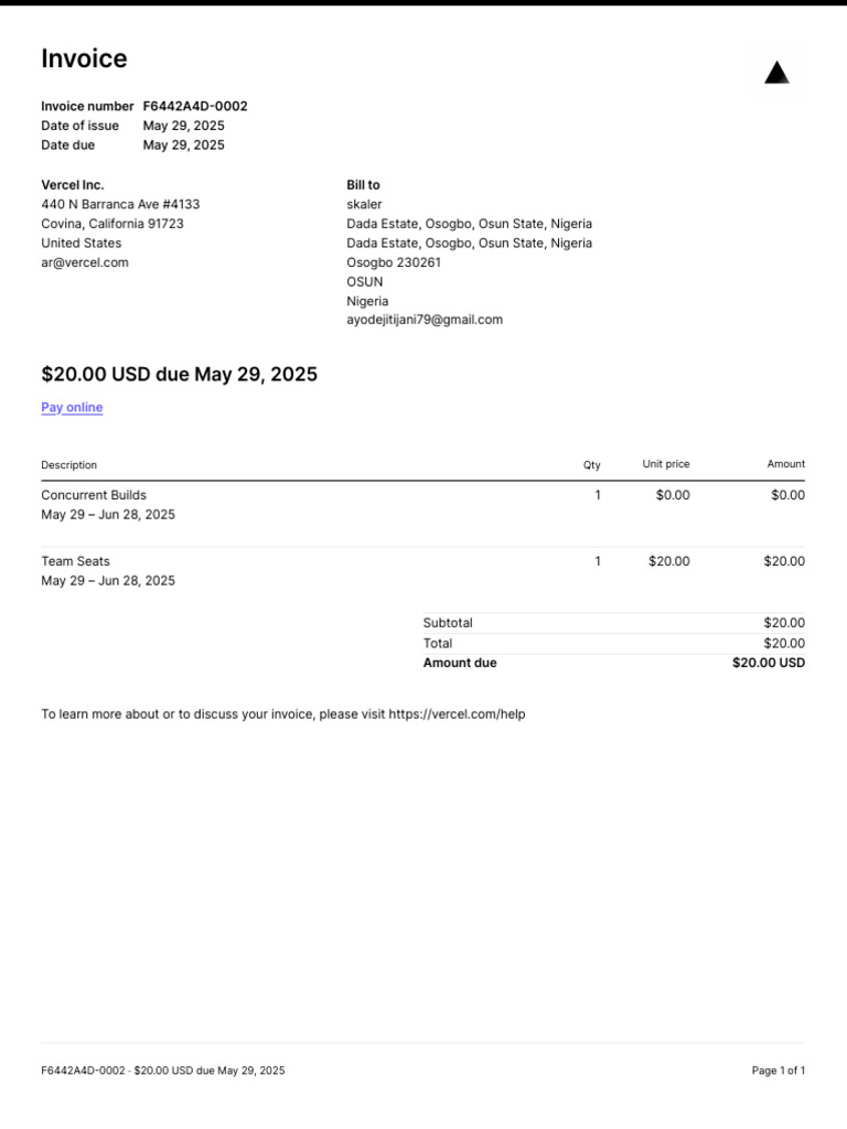 Vercel Invoice F6442A4D-0002 Summary | PDF
