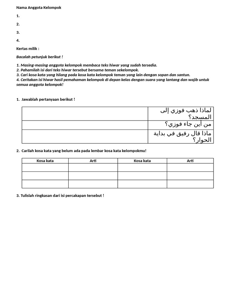 LKPD Bahasa Arab Kelas 9 Semester 1 | PDF