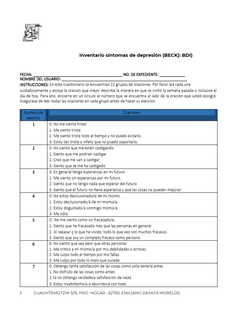 Inventario Beck de Depresión (BDI) | PDF
