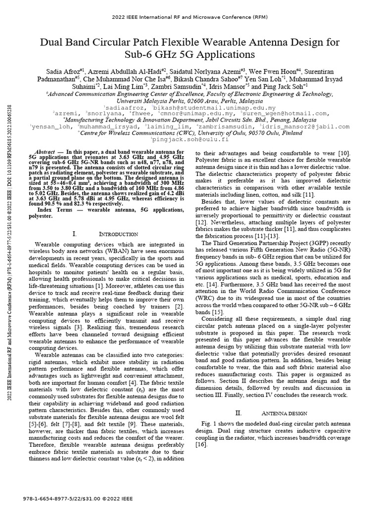 Dual Band Circular Patch Flexible Wearable Antenna Design For Sub-6 GHZ ...