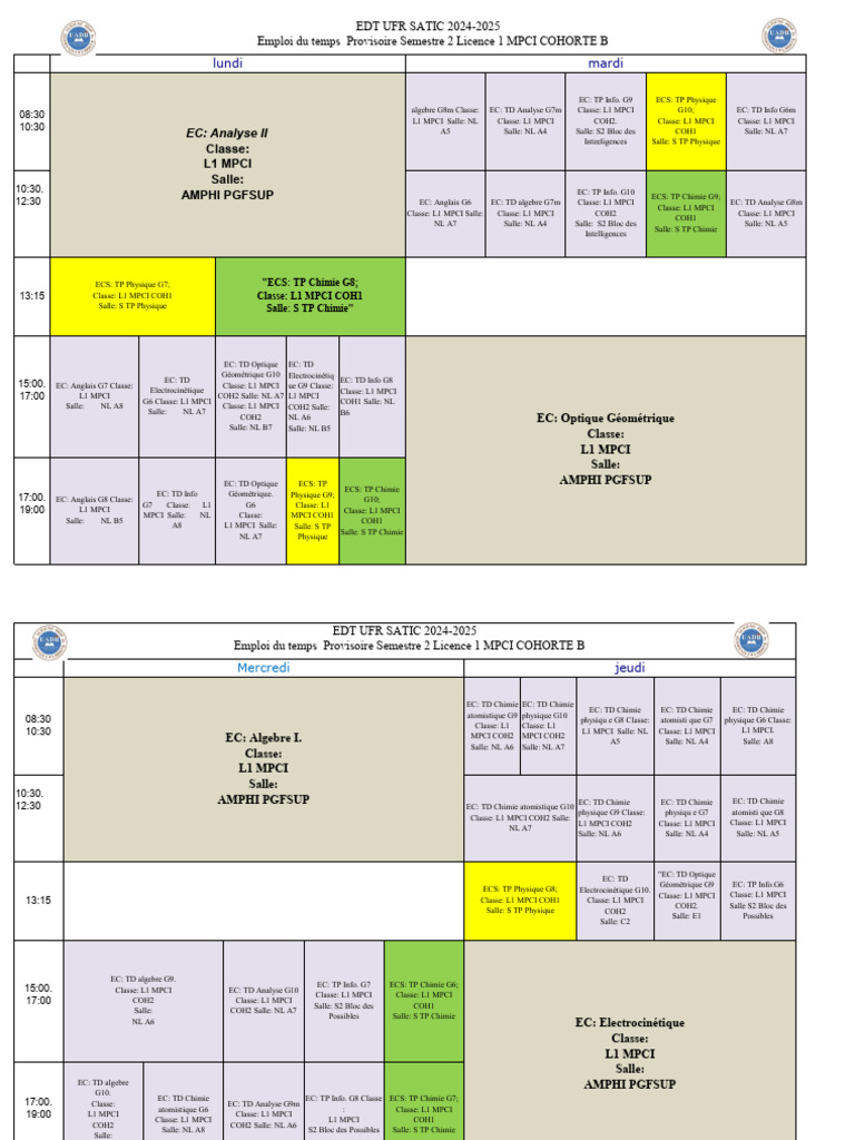 Emploi du Temps L1 MPCI Semestre 2 | PDF | Sciences physiques