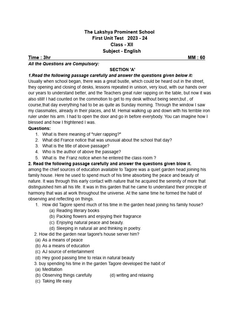 English Test for 12th Class Students | PDF | Linguistics | Syntax