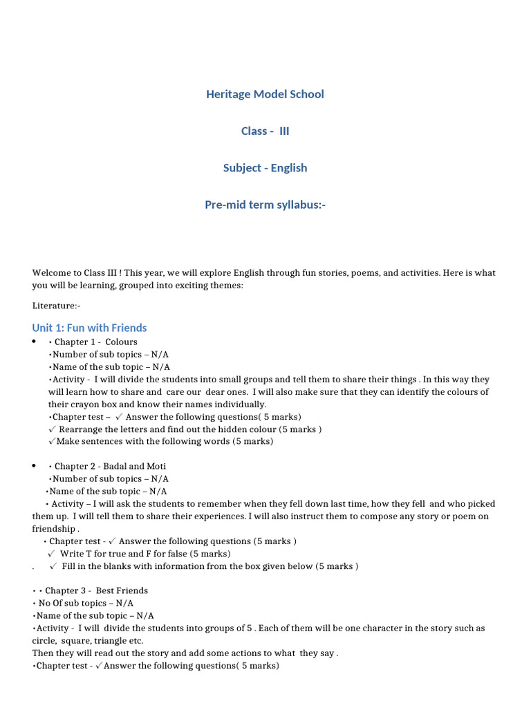 Class 3 English Syllabus Overview 2025 | PDF | Grammatical Gender | Plural