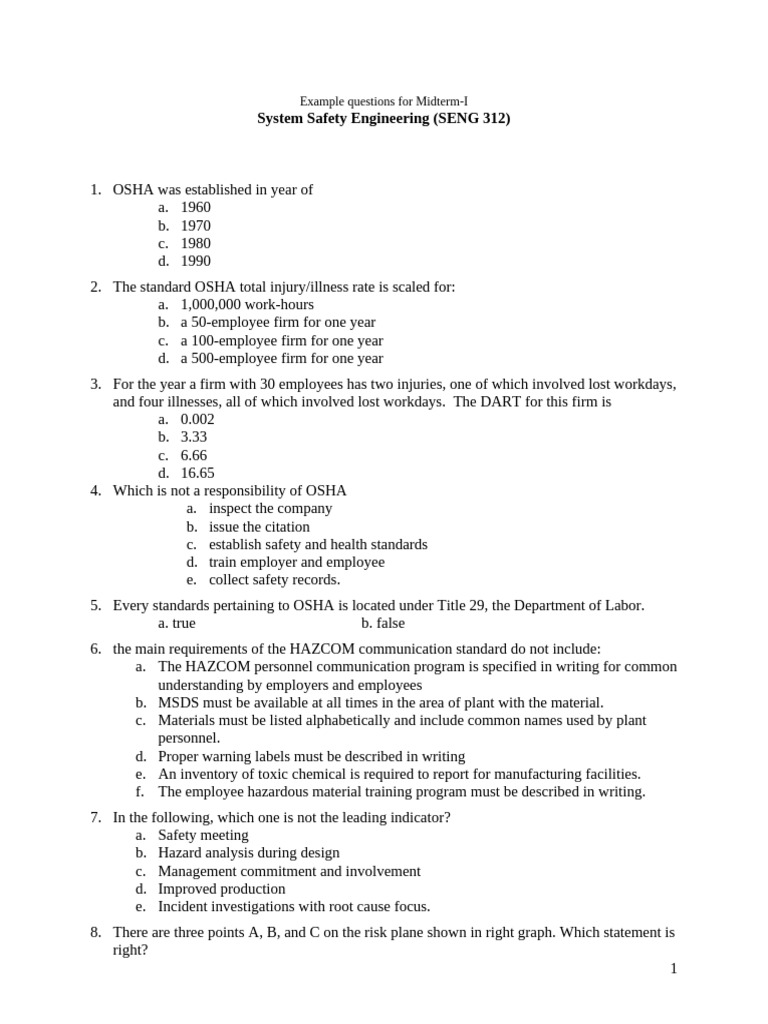 Intermediate Safety Engineer Exam Questions | PDF | Risk | Occupational ...