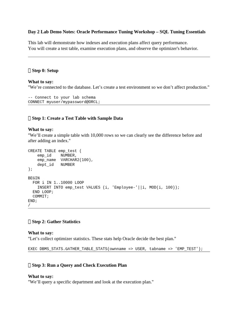Oracle SQL Tuning Lab Demo Notes | PDF | Database Index | Table (Database)