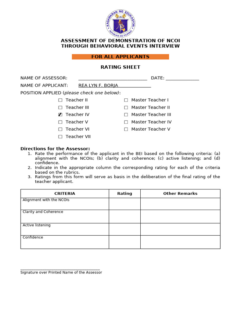NCOI Assessment via BEI Rating Sheet | PDF