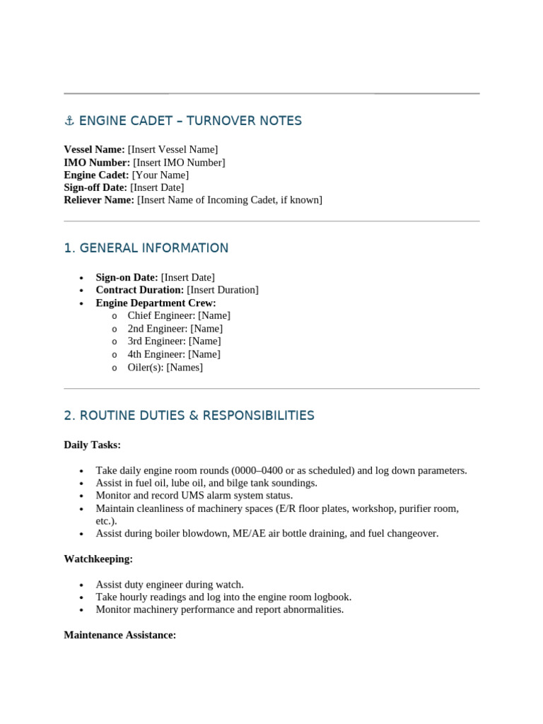 Engine Cadet Turnover Notes | PDF | Shipping | Water Transport