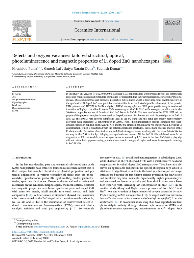 (2020) Defects and Oxygen Vacancies Tailored Structural, Optical ...