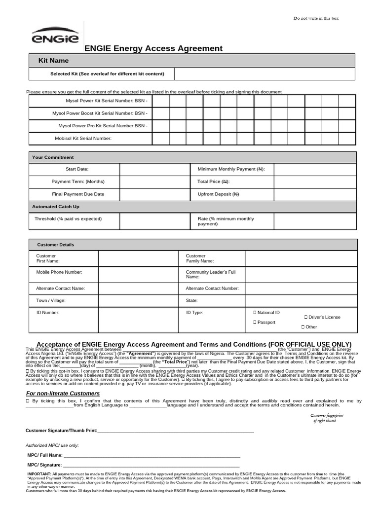 Experiment ENGIE Energy Access Agreement Form - W.O Pricing | PDF ...