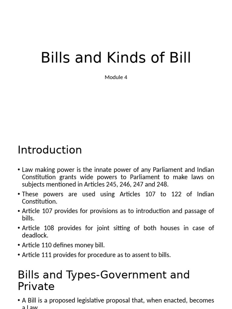 Types of Bills in Indian Parliament | PDF | Bill (Law) | Constitutional ...