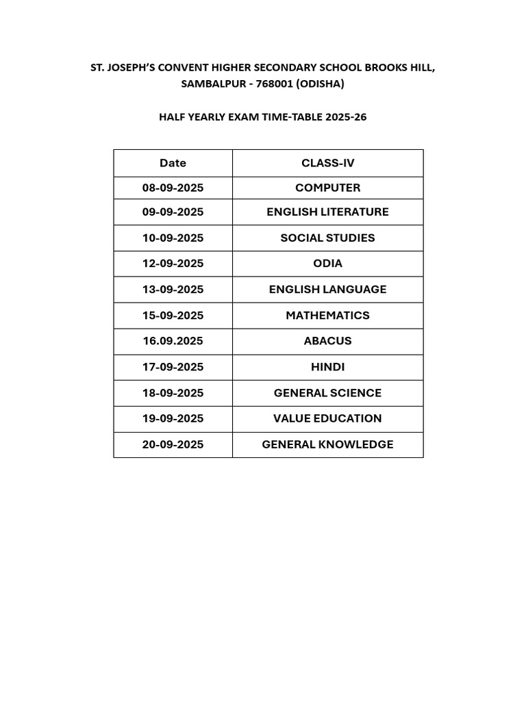 2025 Half Yearly Exam Schedule for Class IV | PDF