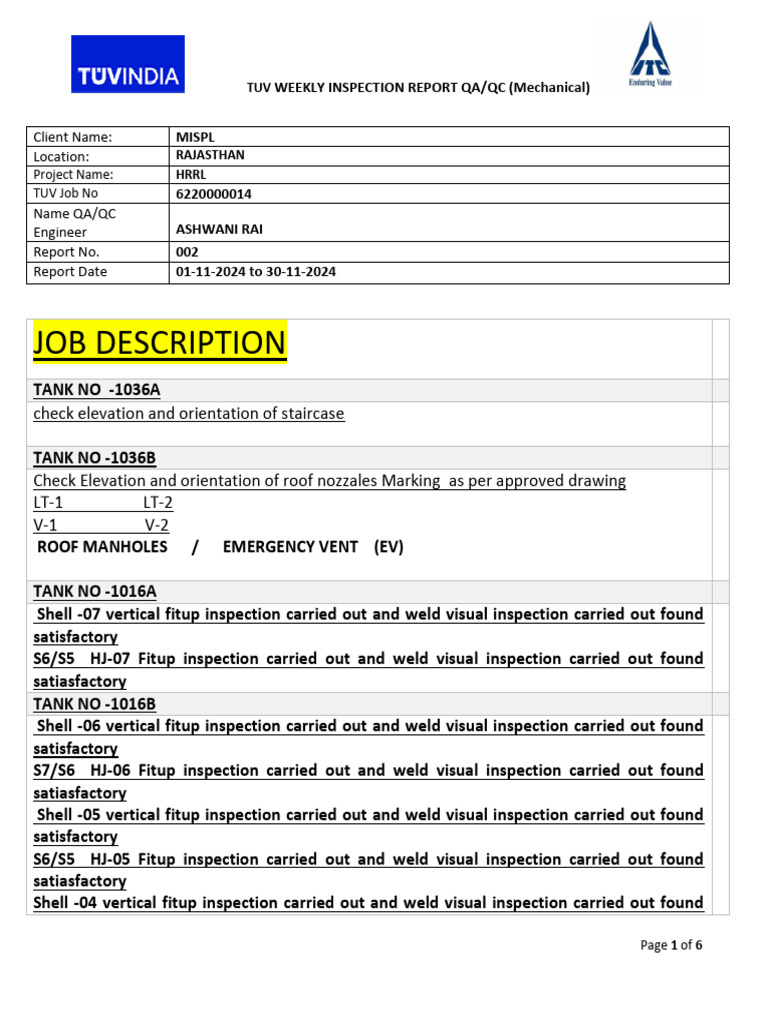 TUV QA/QC Weekly Inspection Report | PDF