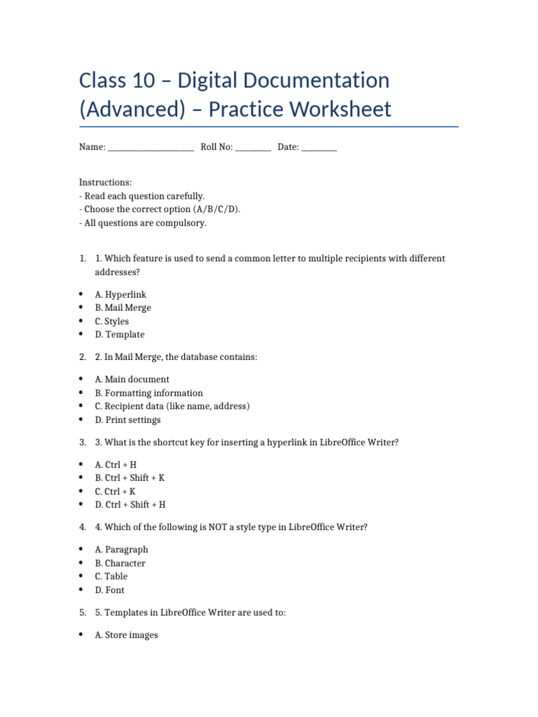 Class 10 Digital Documentation Worksheet | PDF
