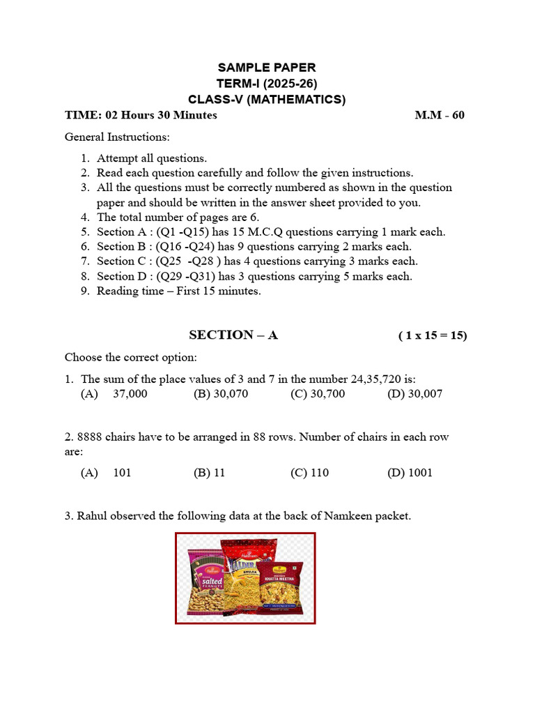 Class V Mathematics Sample Paper 2025-26 | PDF | Numbers | Discrete ...