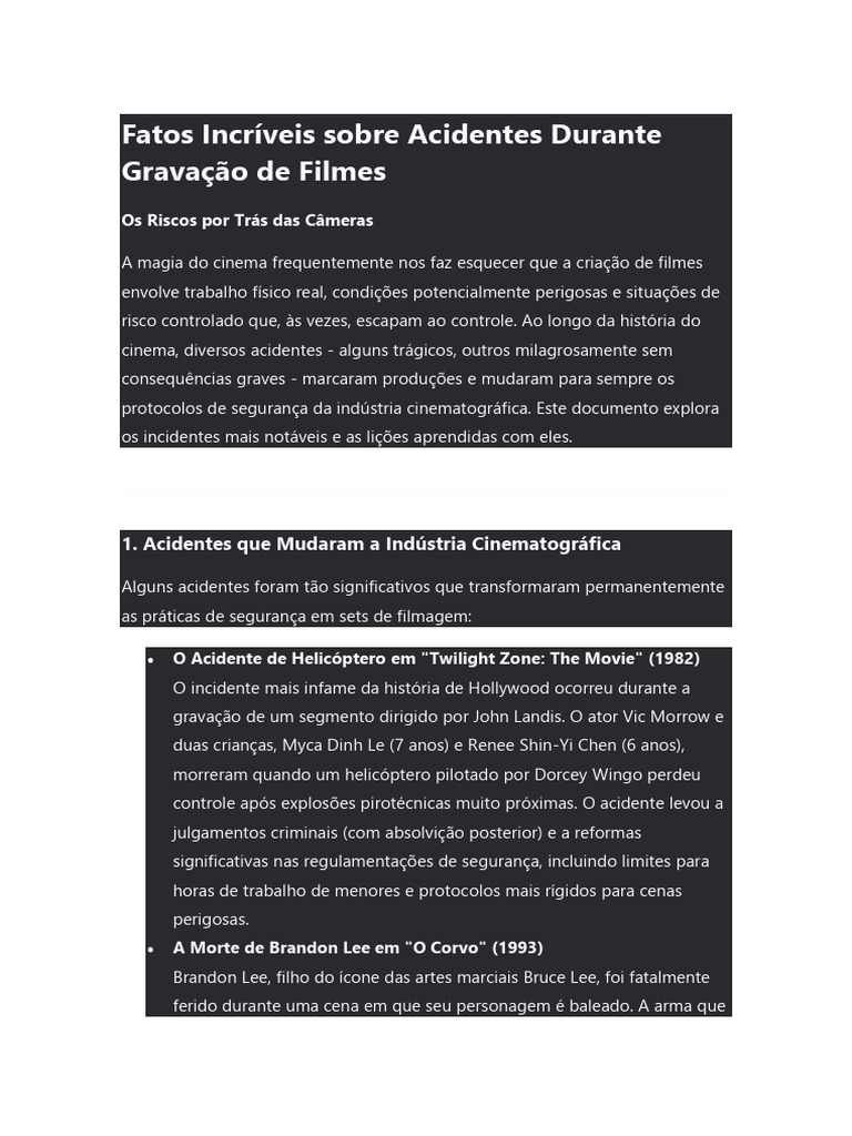 Fatos Incríveis Sobre Acidentes Durante Gravação de Filmes | PDF