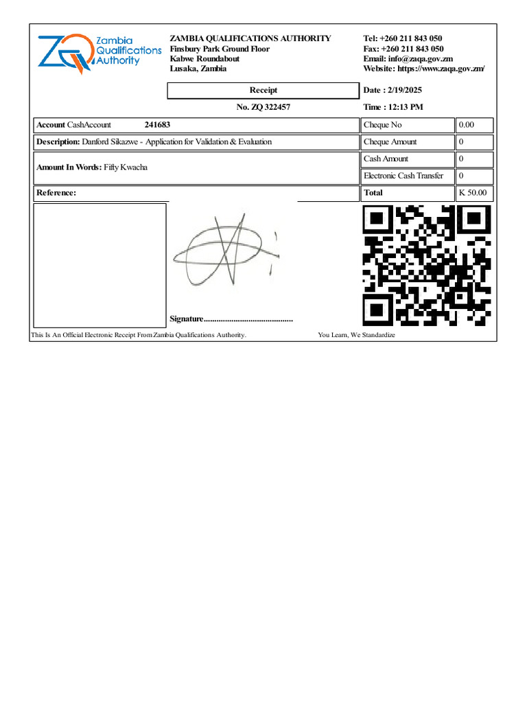 ZQA Certification Application Receipt | PDF