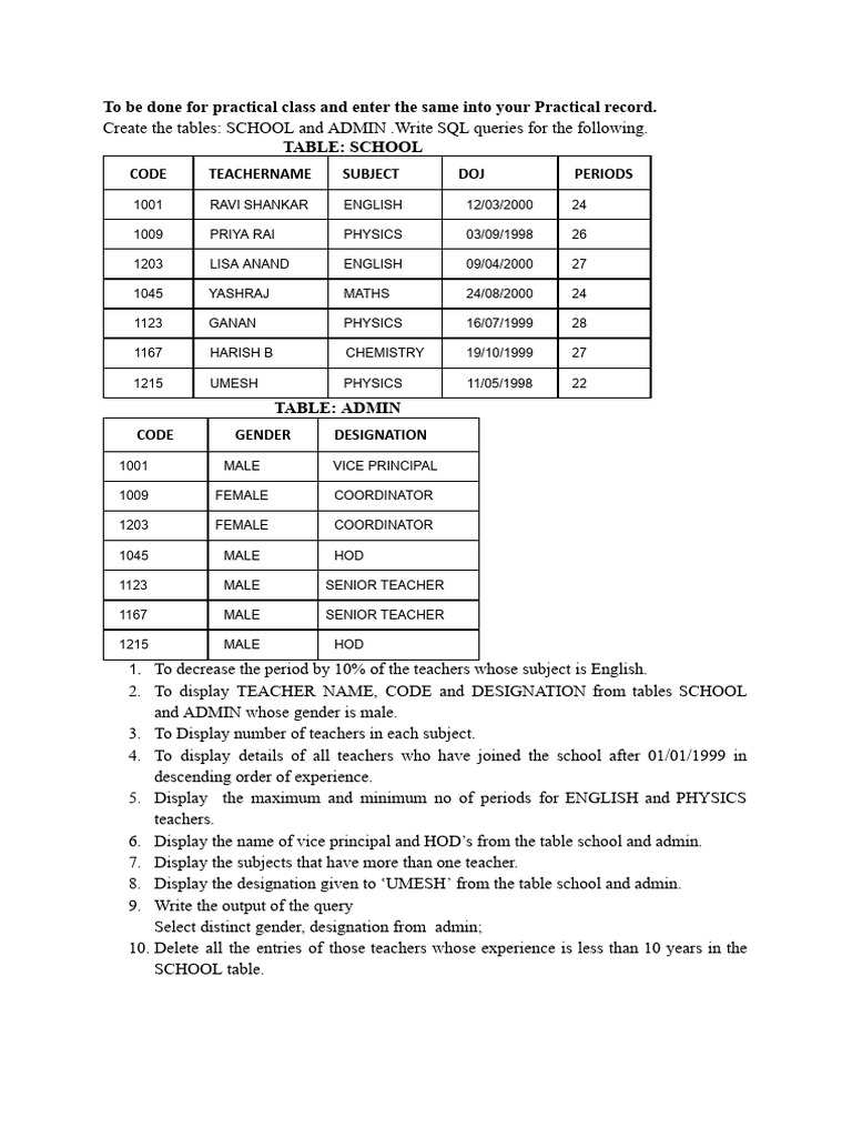 SQL Queries for School and Admin Tables | PDF