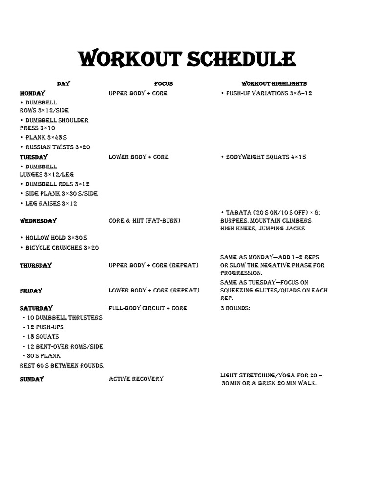 Weekly Workout Schedule for All Levels | PDF