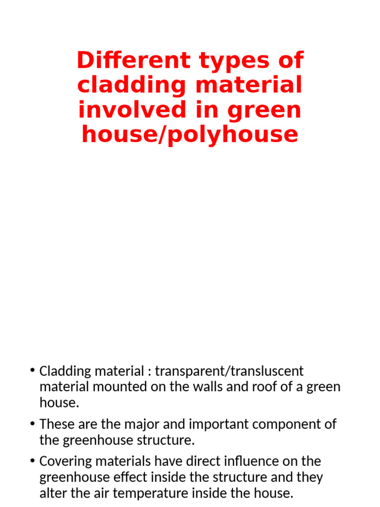Greenhouse Cladding Materials Overview | PDF | Greenhouse | Plastic