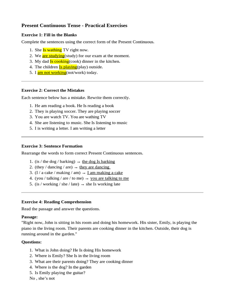 Present Continuous Tense Exercises | PDF