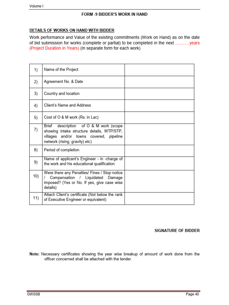 Bidder's Work in Hand Details Form | PDF