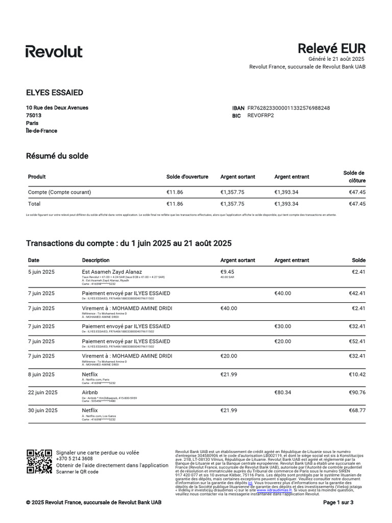 Relevé de compte Revolut EUR 2025 | PDF | Banques | Lituanie