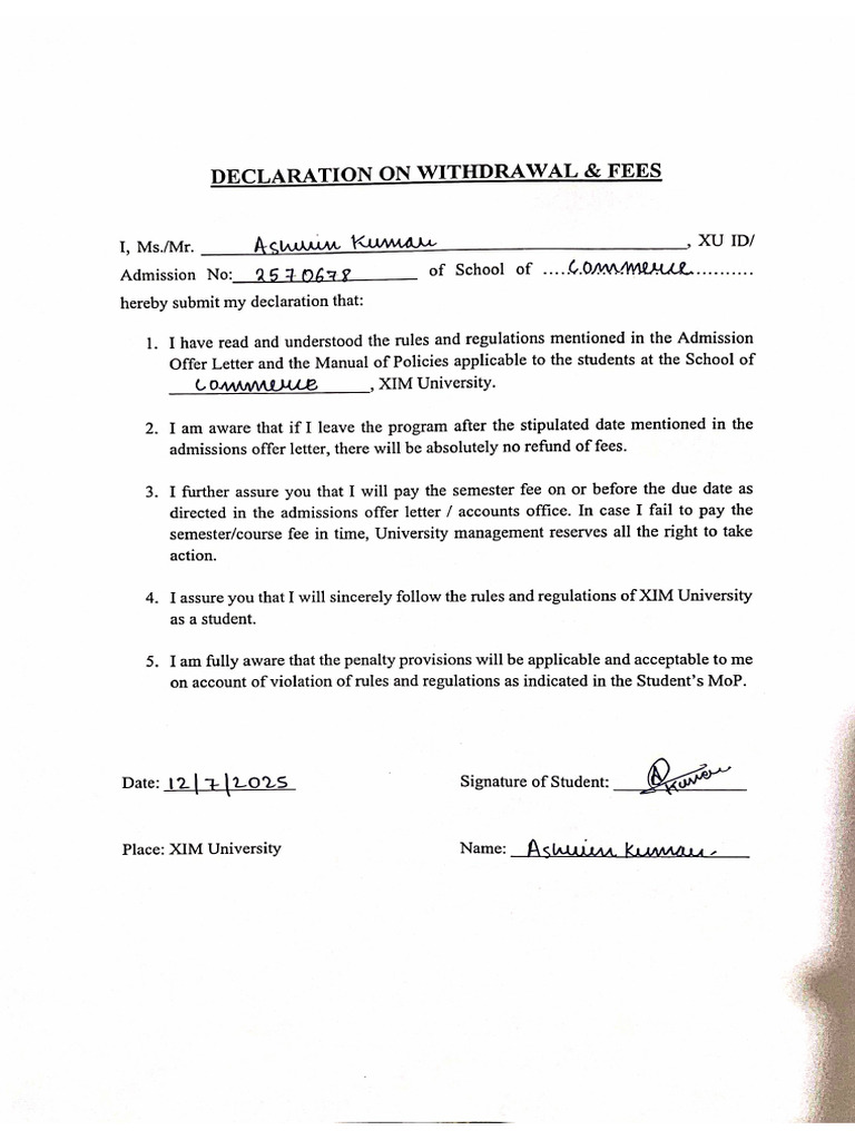 Declaration On Withdrawal & Fees | PDF