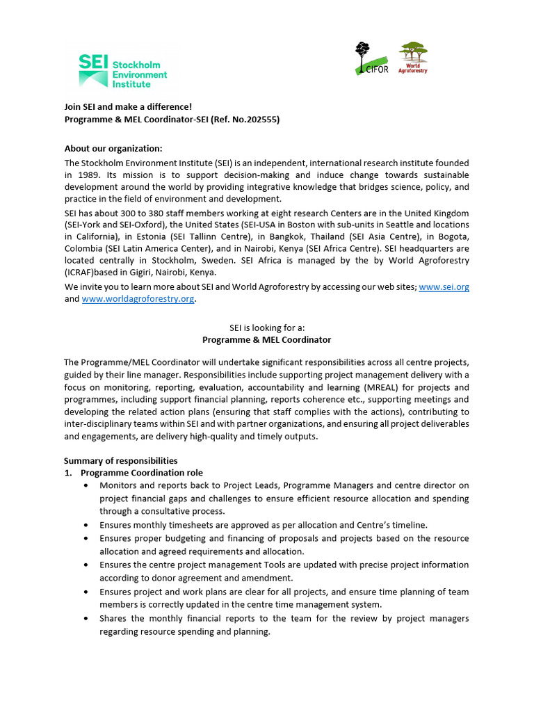 Programme & MEL Coordinator-SEI | PDF | Project Management | Leadership