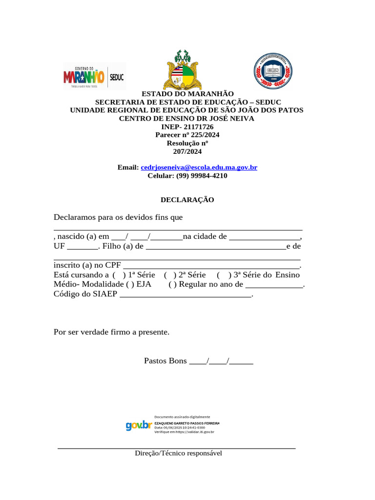 Declaracao Bolsa Familia Cursando Assinado | PDF