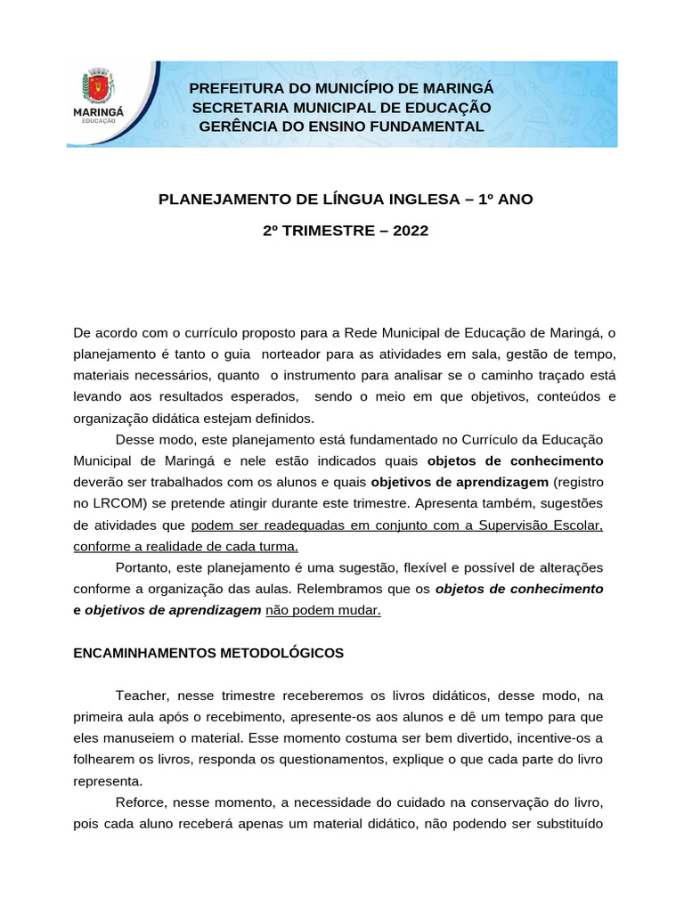 Planejamento de Língua Inglesa 1º Ano | PDF | Aprendizado | Livro didático