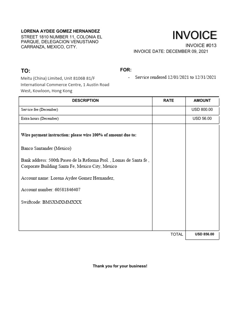 Invoice #013 for Services Rendered | PDF