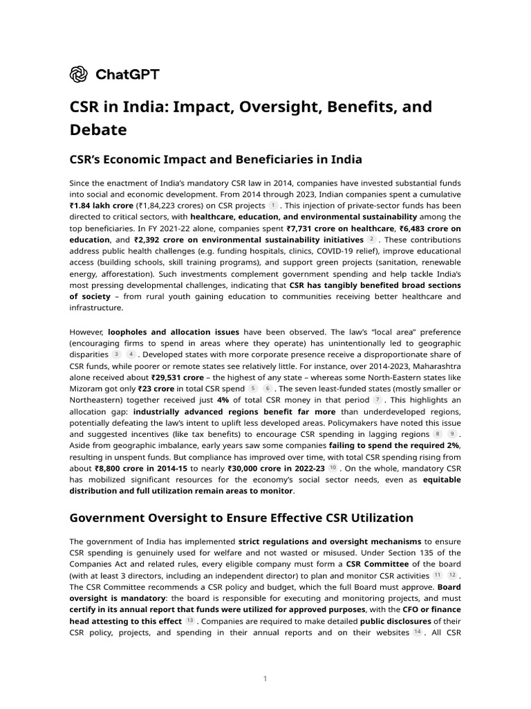 CSR in India: Impact and Oversight | PDF | Corporate Social ...