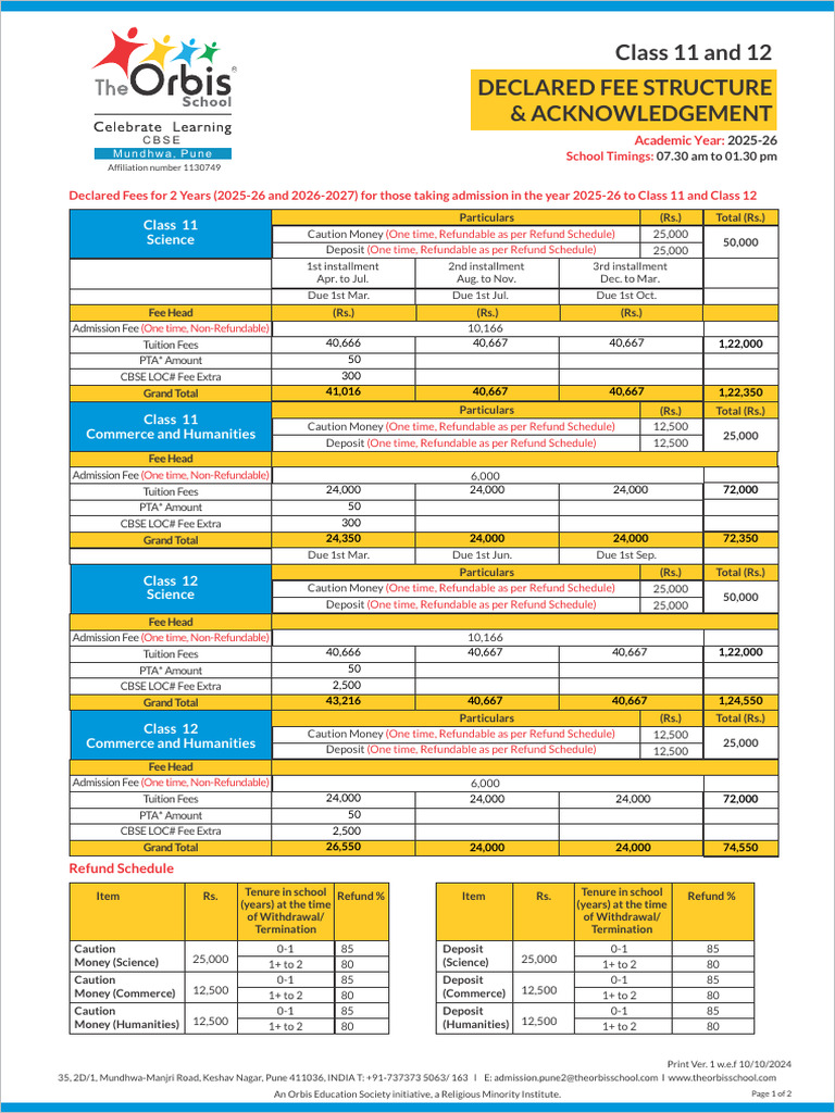 2025-26 Fee Structure for Classes 11-12 | PDF | Cheque | Payments