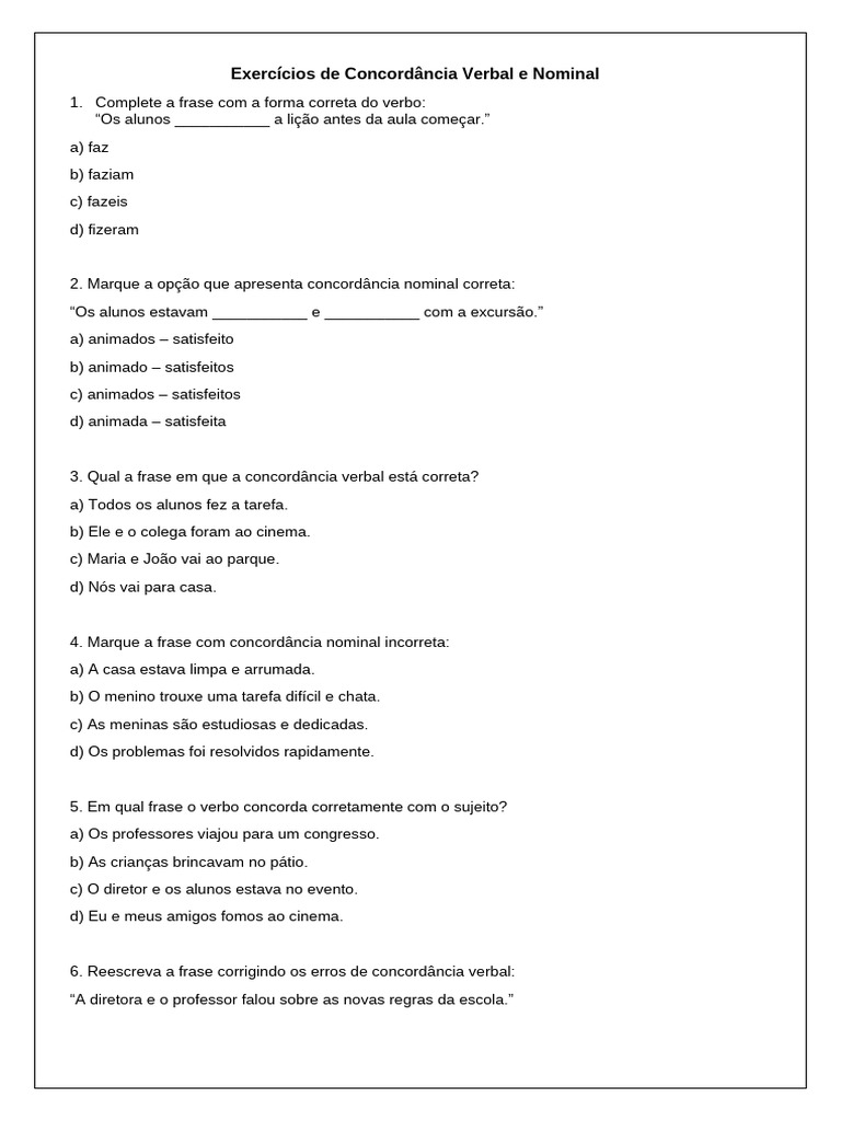 Exercícios de Concordância Verbal e Nominal | PDF