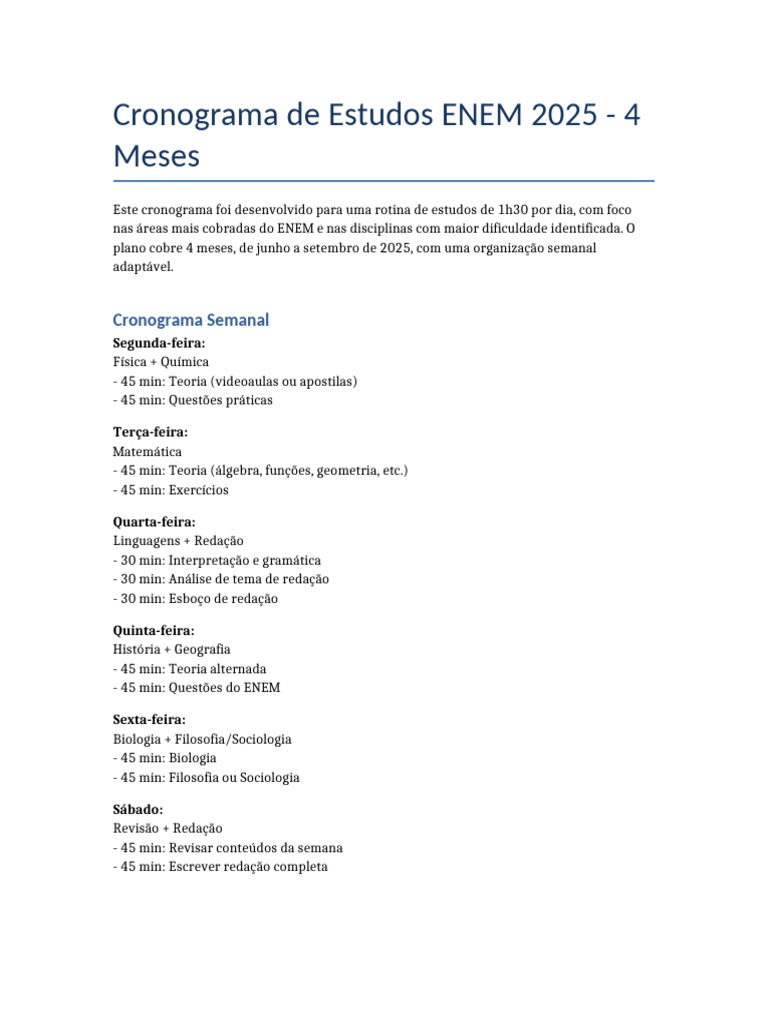 Cronograma de Estudos ENEM 2025: 4 Meses | PDF