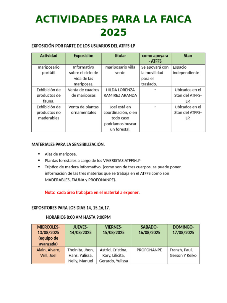 Actividades FAICA 2025: Exposición ATFFS | PDF