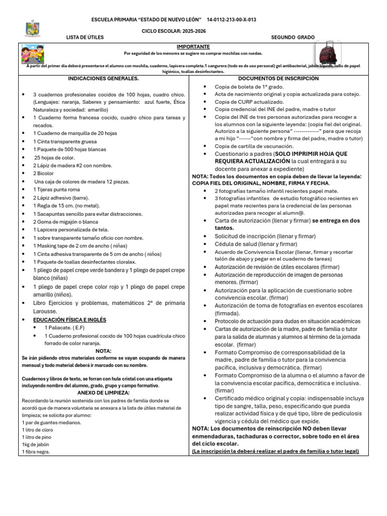 Lista de Útiles Segundo Grado 2025-2026 | PDF