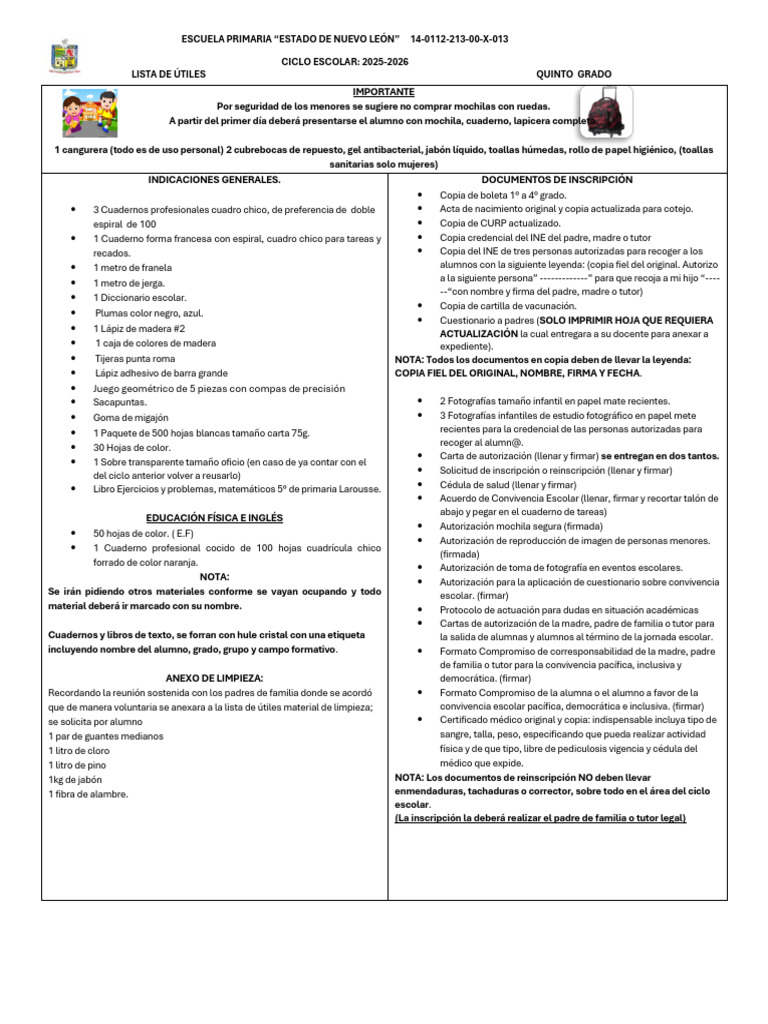 Lista de Útiles Quinto Grado 2025-2026 | PDF | Cuaderno