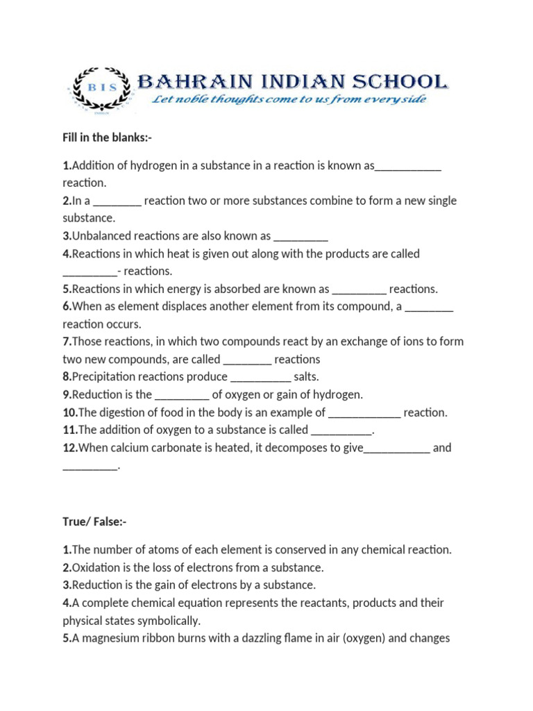 Types of Chemical Reactions Quiz | PDF | Chemical Reactions | Redox