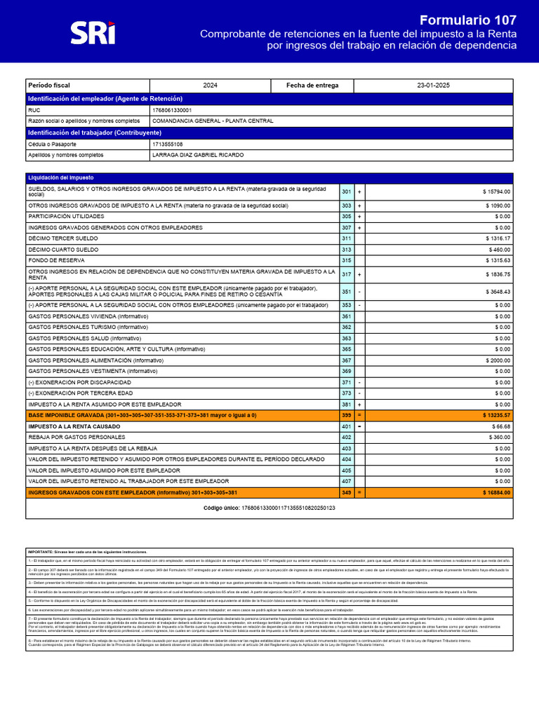 Formulario 107: Retenciones Impuesto Renta 2024 | PDF | Impuestos ...